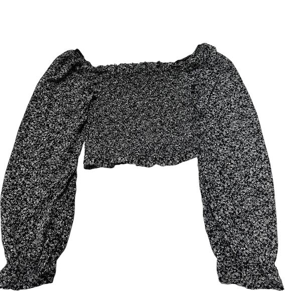 Japana Peasant Blouse Crop Top Size M Black White Floral Smock Y2K Coquette - Picture 1 of 7